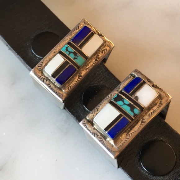 Vintage Navajo Native American Inlaid Ranger Belt Buckle Set